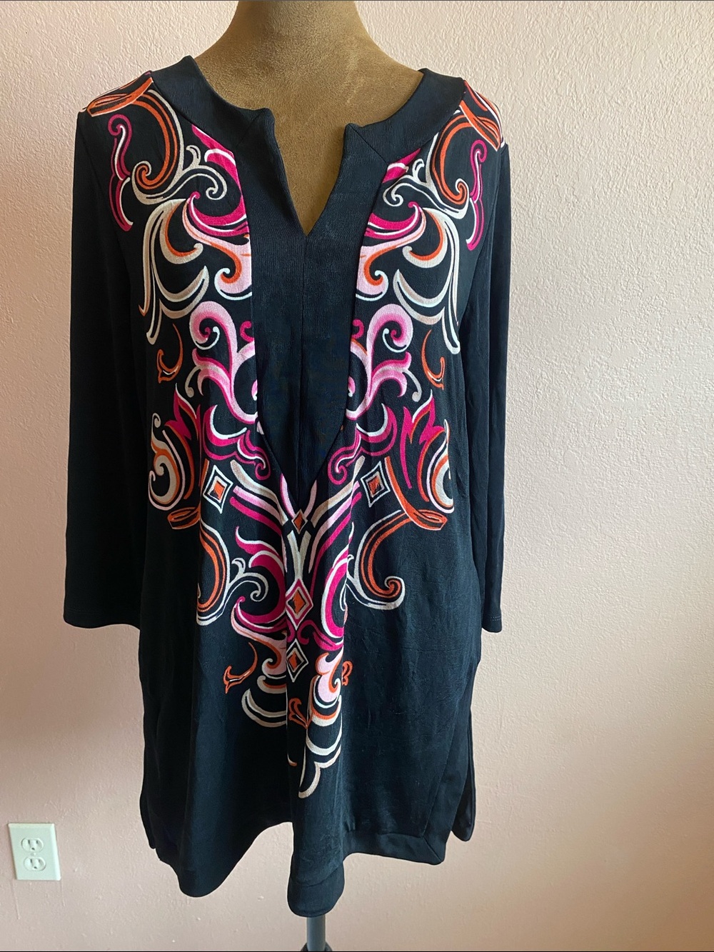 CHICO’S  Black Tunic with Pink, Orange & White Embroidery